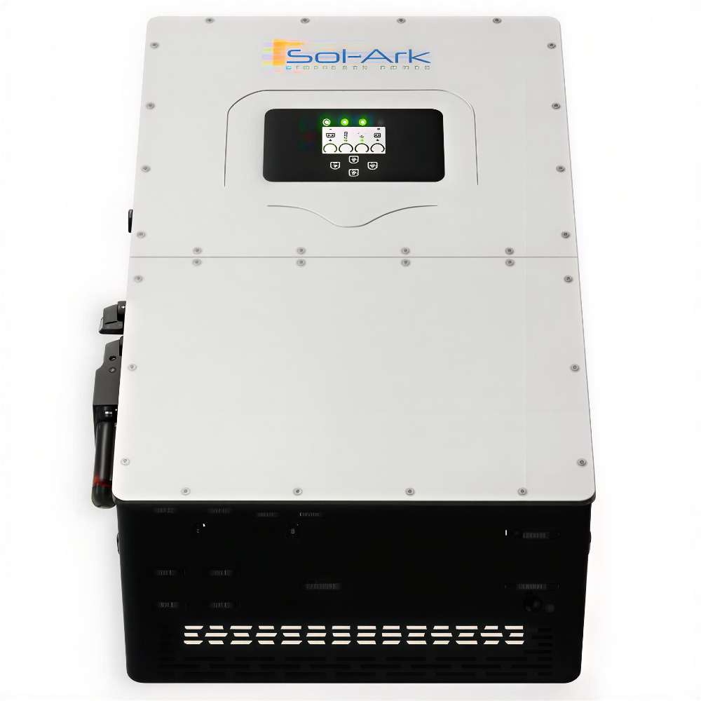 A rectangular wall-mounted Sol-Ark 60kW Hybrid Inverter System with a gray front panel and black base, displaying glowing indicator lights on a digital screen