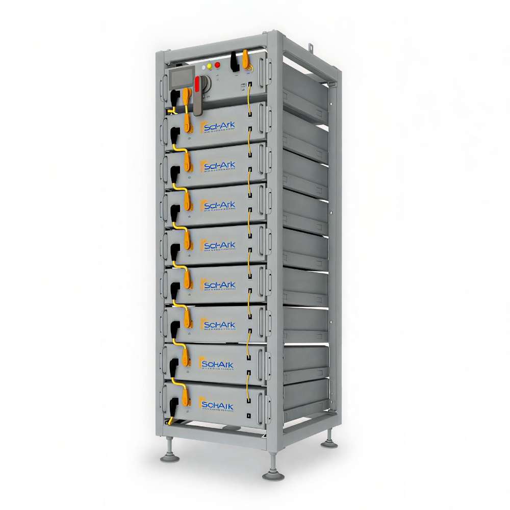 A tall gray rack of stacked Sol-Ark batteries, the Sol-Ark 60 kWh Indoor Lithium Battery System - L3-HV-60KWH, built for energy storage