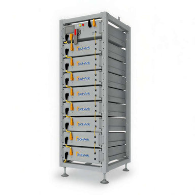 A tall gray rack of stacked Sol-Ark batteries, the Sol-Ark 60 kWh Indoor Lithium Battery System - L3-HV-60KWH, built for energy storage