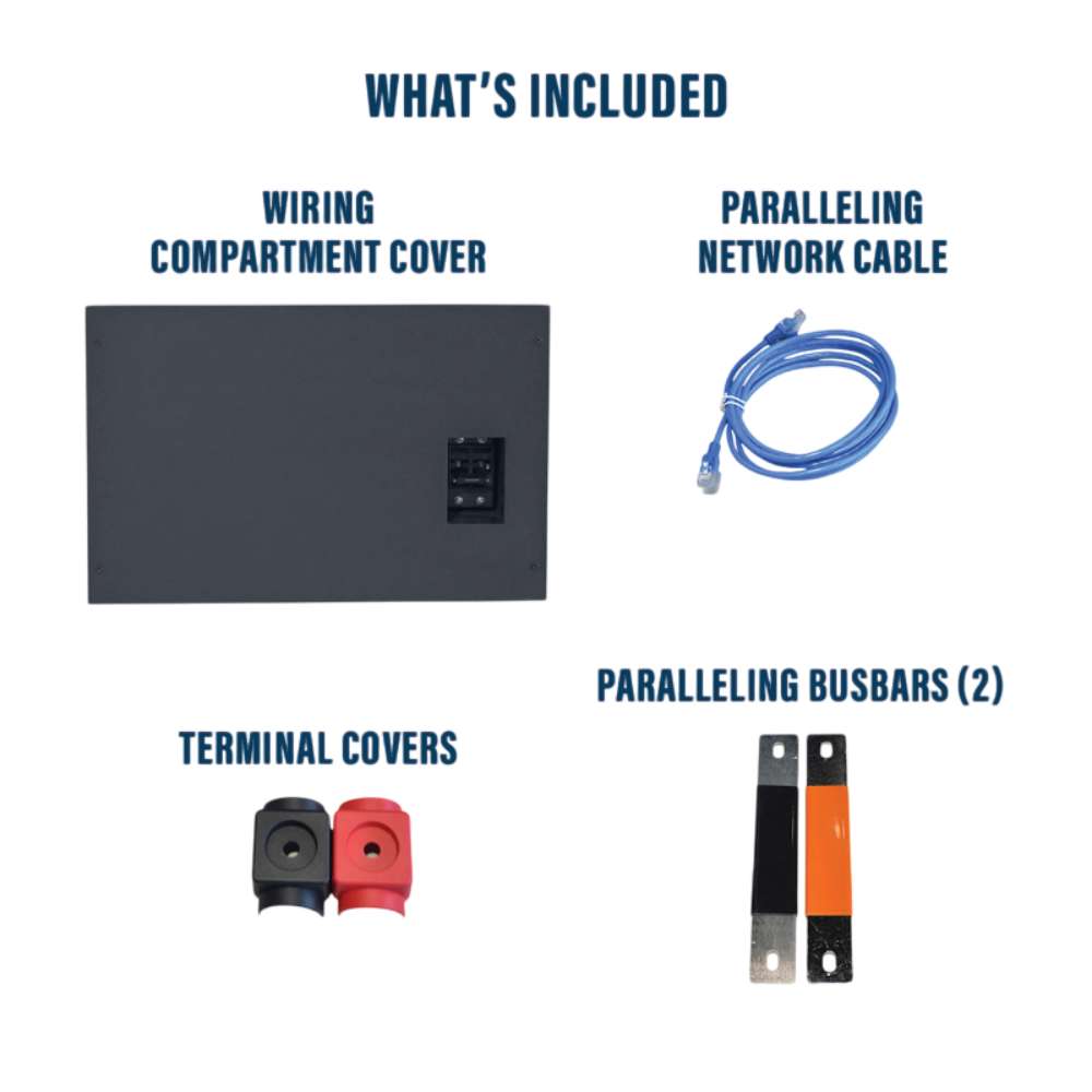 A wiring cover, network cable, terminal covers, and two busbars are shown as included accessories for the Rubix Stack Series 24 Volt 200AH Lithium Battery-RS-24200