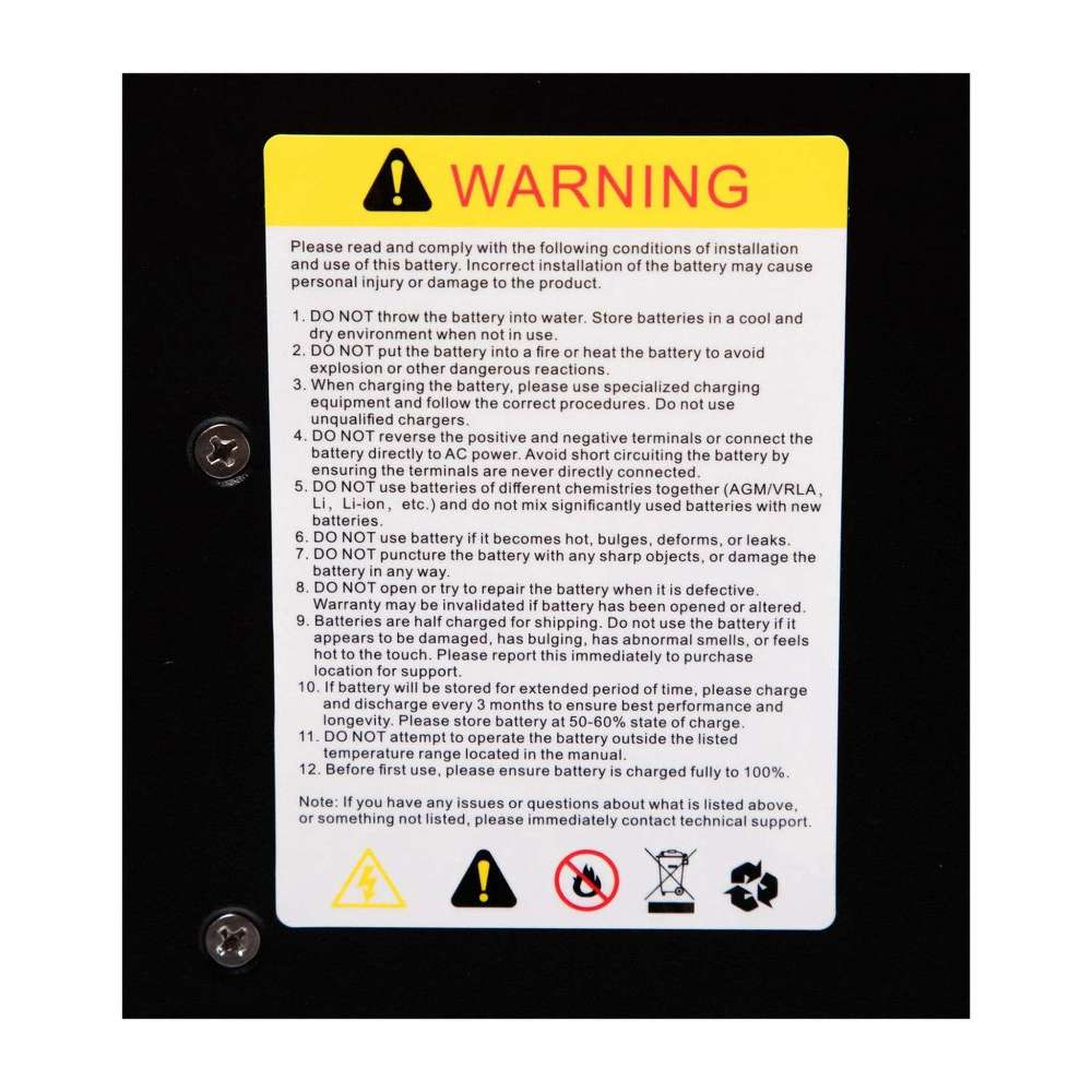 A close-up of EG4 LL-S Lithium Battery 48V 100AH (Server Rack Battery w LCD) - EG4-LL-S48-100 shows its warning label with safety instructions