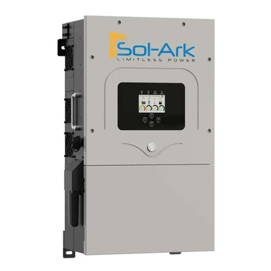 A front view of the Sol-Ark 60kW Hybrid Inverter System reveals its compact design, touchscreen display, and the Sol-Ark logo at the top