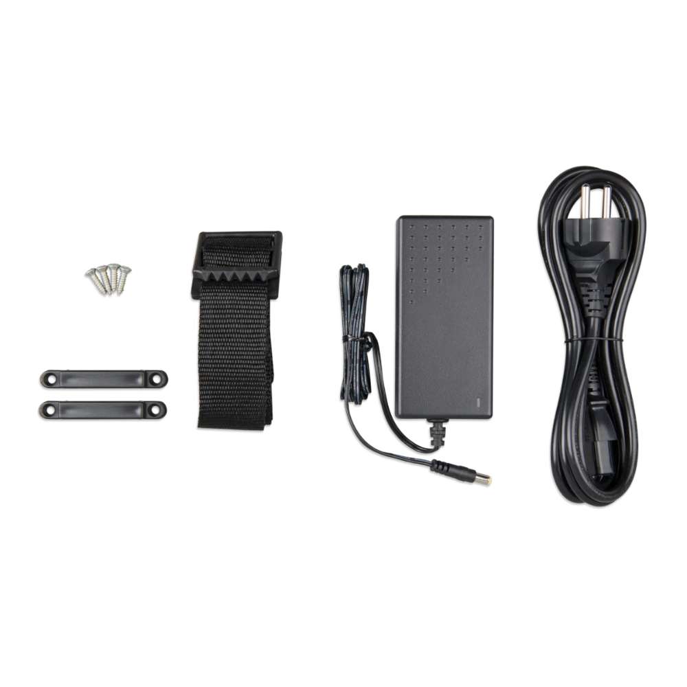 Accessories for the Victron Energy 12.8V 40Ah Peak Power Pack-PPP012040000 are laid out neatly, including screws, mounting straps, and a charging adapter with a power cord