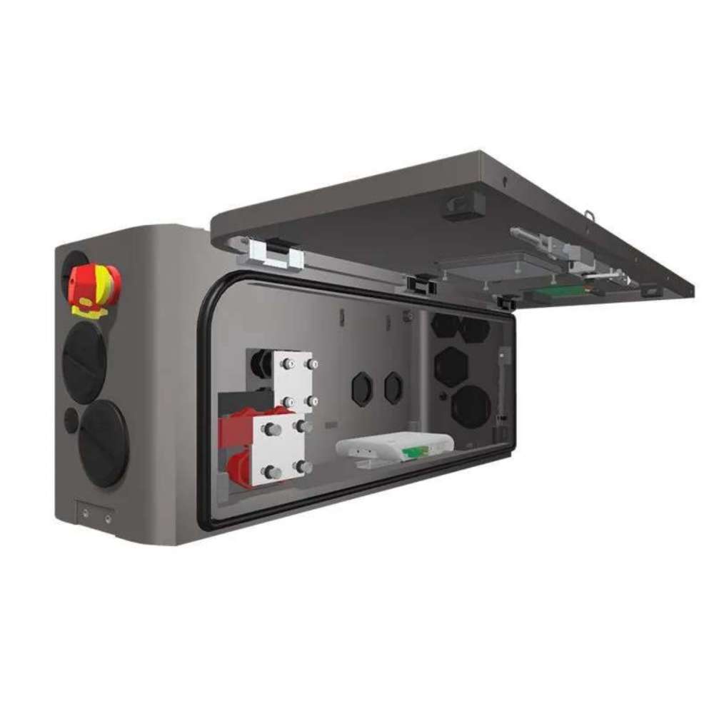 An open battery compartment reveals internal wiring inside the Fortress Power eForce 19.2kW Lithium Battery-EFORCE19.2