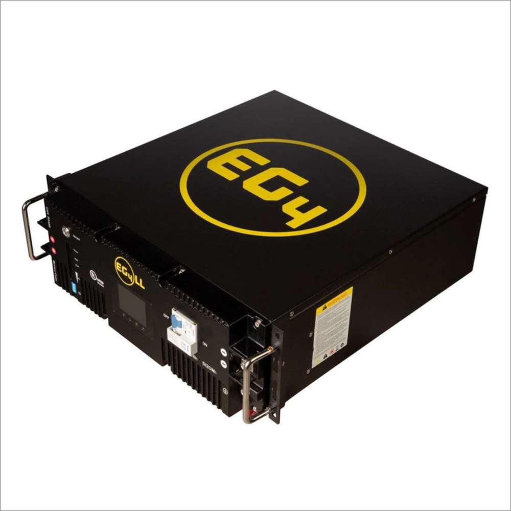 An angled view of EG4 LL-S Lithium Battery 48V 100AH (Server Rack Battery w LCD) - EG4-LL-S48-100 shows its front panel, warning label, and side handles
