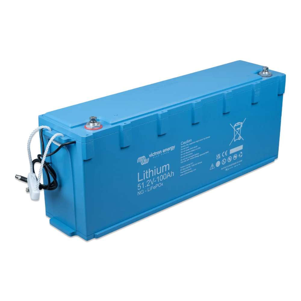 Angled perspective shows the battery’s white cables and printed specifications for the Victron Energy 51,2V 100Ah NG LiFePO4 Lithium Battery-BAT548110620