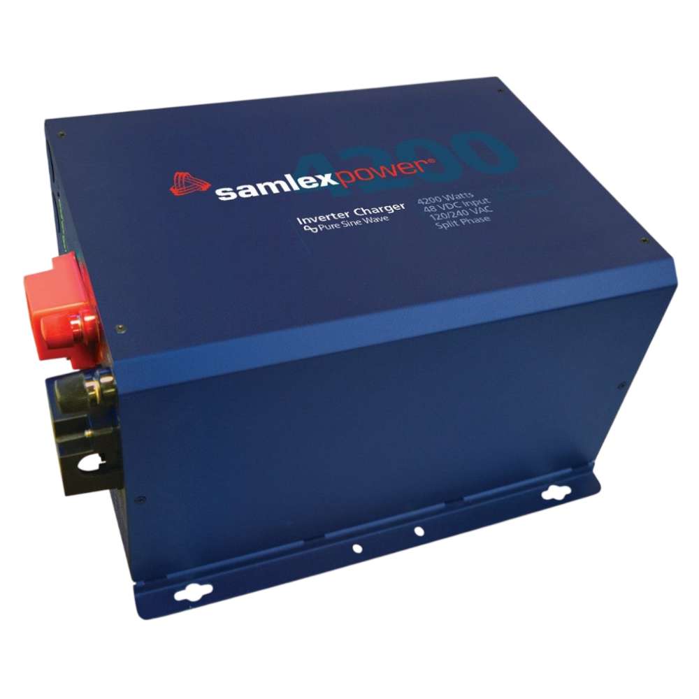 Angled top view of the Samlex America Evolution Series EVO-4248SP 4200 Watts 48VDC Pure Sine Inverter/Charger, highlighting its sturdy blue casing and mounting base