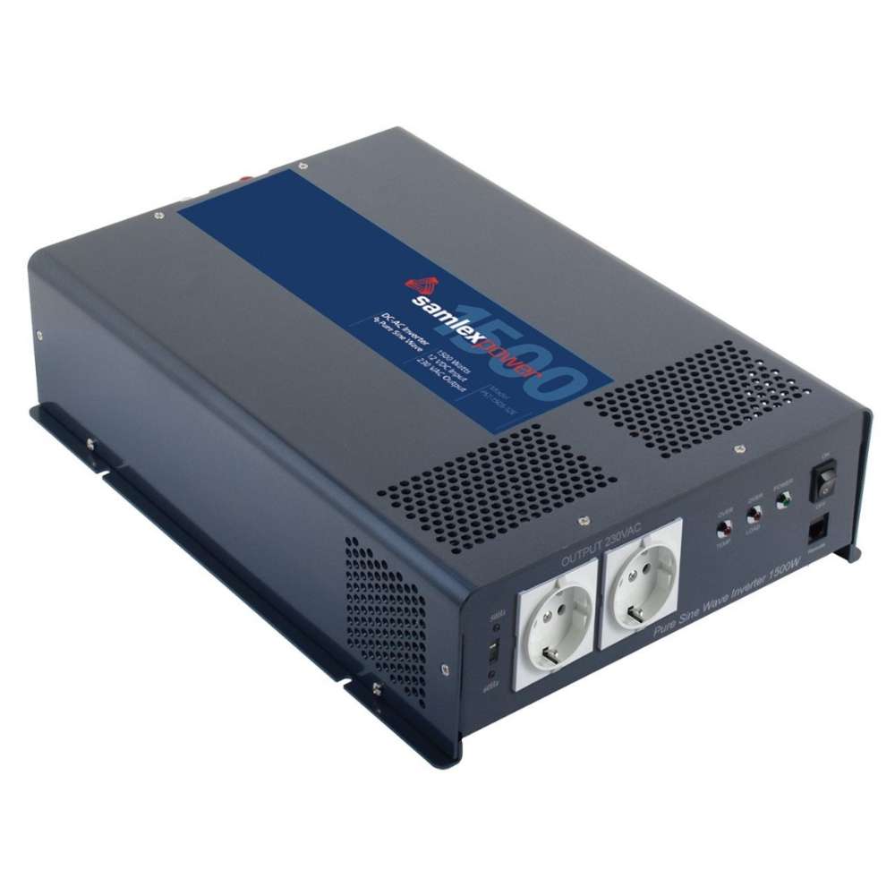 Angled top view of the Samlex America PST Series PST-150S-12E 1500 Watts 12VDC Pure Sine Inverter - Export Version, with visible vents, labeling, and front power outlets