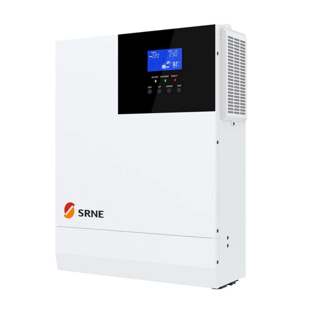 Angled view displays the SRNE 5kW 48V Split Phase Off-Grid Solar Inverter/Charger-HF4850U80-H’s front screen and buttons