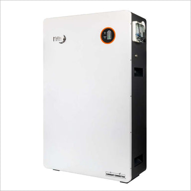 Angled view of MidNite Power MNPOWERFLO16 Wall/Floor Mount Lithium Battery showing its rectangular shape, white front, and black side panel