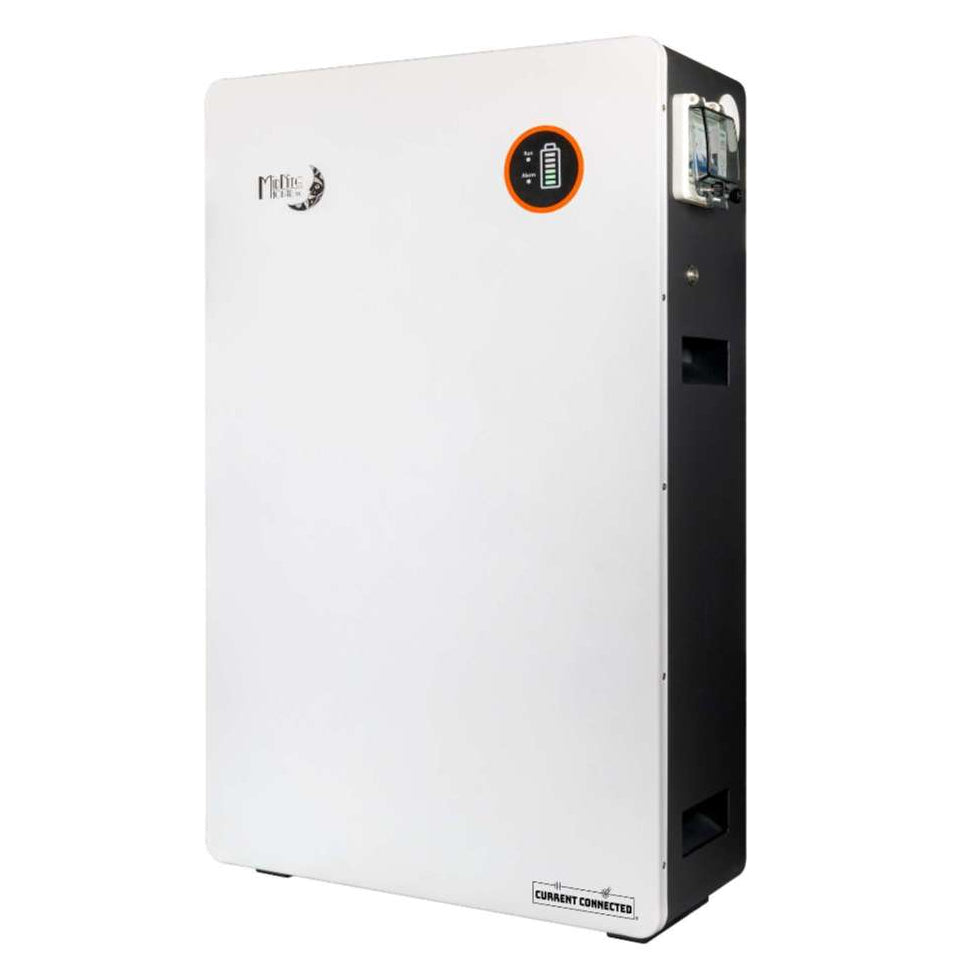 Angled view of MidNite Power MNPOWERFLO16 Wall/Floor Mount Lithium Battery showing its rectangular shape, white front, and black side panel