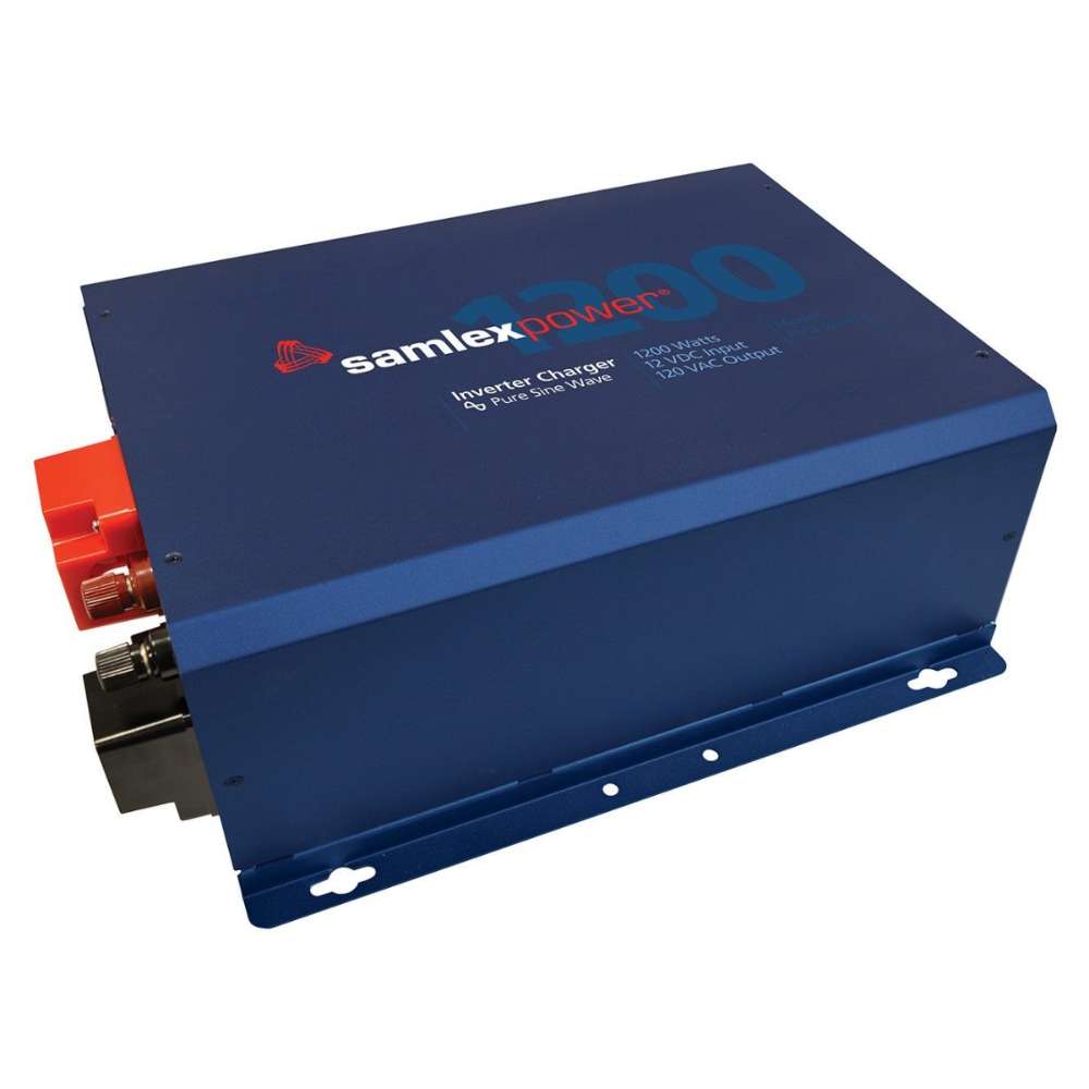 Angled view of the Samlex America Evolution Series EVO-1224F-HW 1200 Watts 24VDC Pure Sine Inverter/Charger - Hardwired Unit with its metal housing, mounting feet, and power terminals