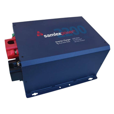 Angled view of the Samlex America Evolution Series EVO-2212 2200 Watts 12VDC Pure Sine Inverter/Charger highlighting its rectangular metal body and battery connectors