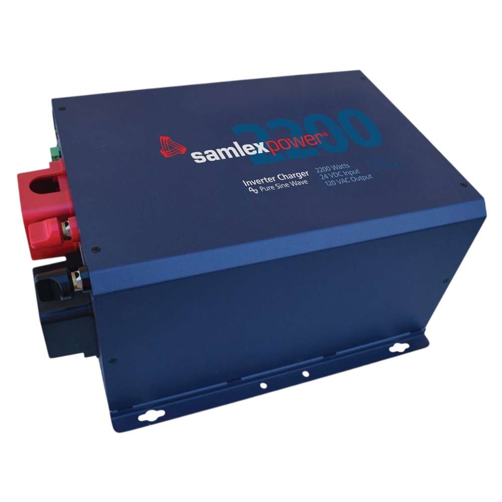 Angled view of the Samlex America Evolution Series EVO-2224 2200 Watts 24VDC Pure Sine Inverter/Charger highlighting the logo and battery connectors