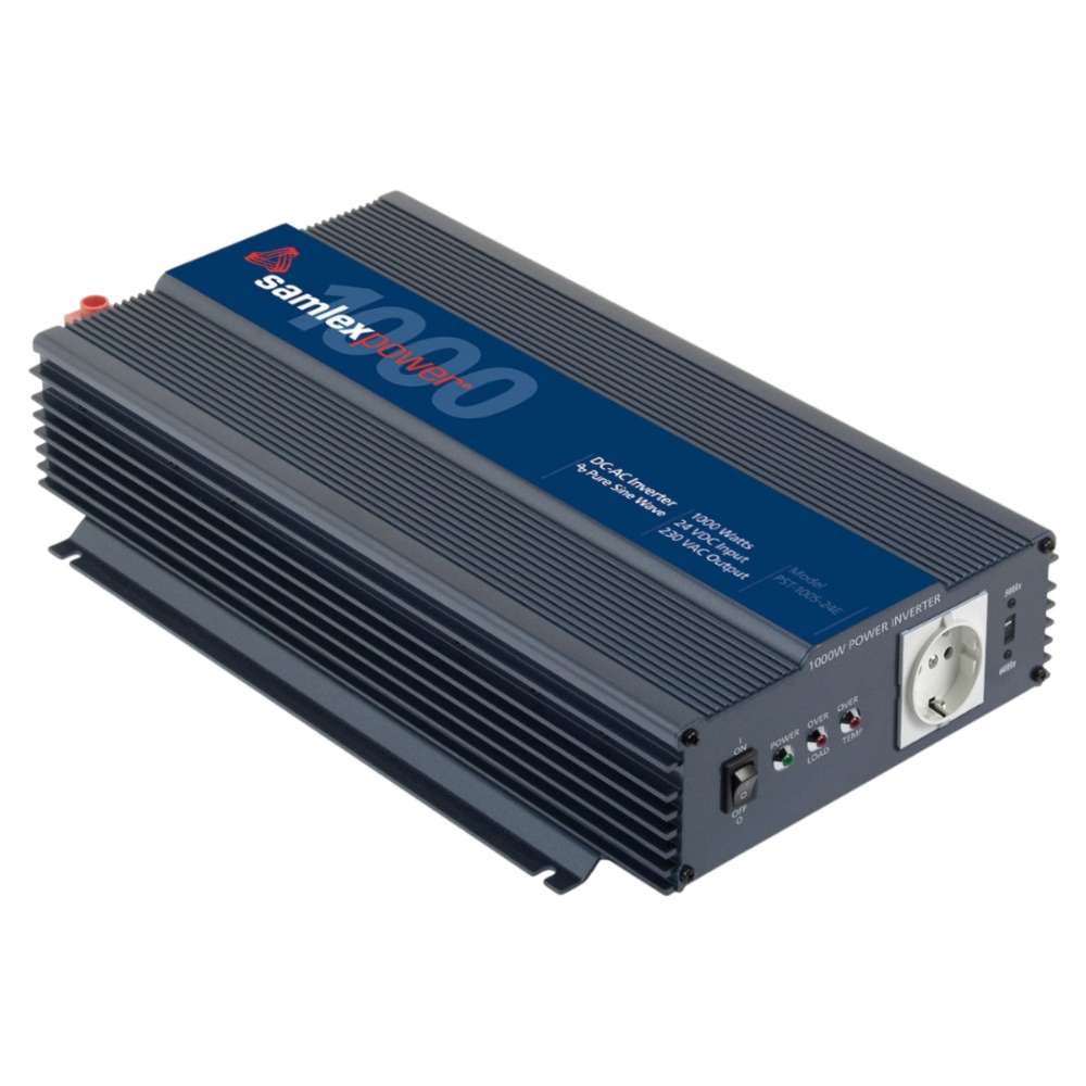 Angled view of the Samlex America PST Series PST-100S-24E 1000 Watts 24VDC Pure Sine Inverter - Export Version showing the top, side, and front controls together