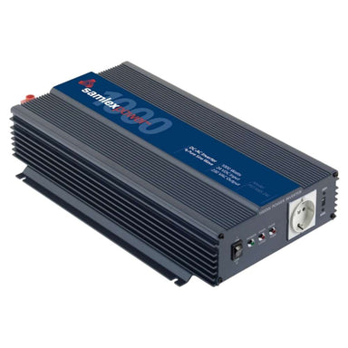 Angled view of the Samlex America PST Series PST-100S-24E 1000 Watts 24VDC Pure Sine Inverter - Export Version showing the top, side, and front controls together