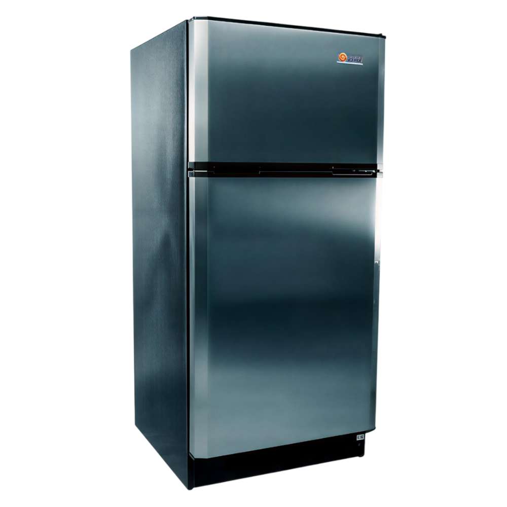 Angled view shows SunStar ST-16RF-SS 16 cu.ft. DC/AC Refrigerator - Stainless Steel with smooth stainless steel doors and a top freezer compartment
