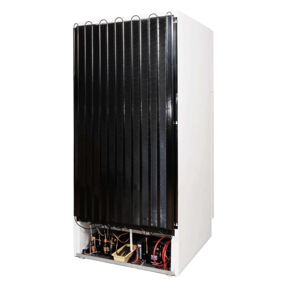 Back of SunStar ST-16RF-W 16 cu.ft. DC/AC Refrigerator - White highlighting the large black condenser coils and exposed lower mechanical components