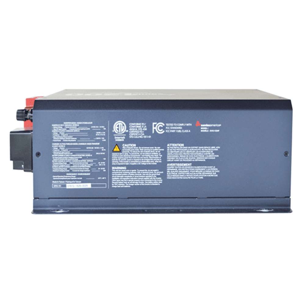 Back of the Samlex America Evolution Series EVO-1224F 1200 Watts 24VDC Pure Sine Inverter/Charger with safety labels and technical markings
