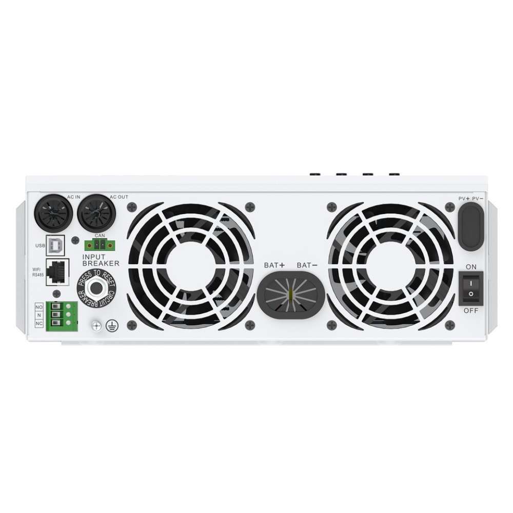 Back panel of SRNE 5kW 48V Split Phase Off-Grid Solar Inverter/Charger-HF4850U80-H shows fans and connection ports