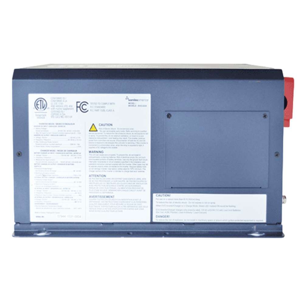 Back panel of the Samlex America Evolution Series EVO-3012E 3000 Watts 12VDC Pure Sine Inverter/Charger - Export Version with safety labels and warning text