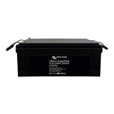 Black lithium battery pack is shown up close, labeled as the Victron Energy 12.8V 200Ah (M8) SuperPack Lithium Battery w/ Internal BMS-BAT512120705