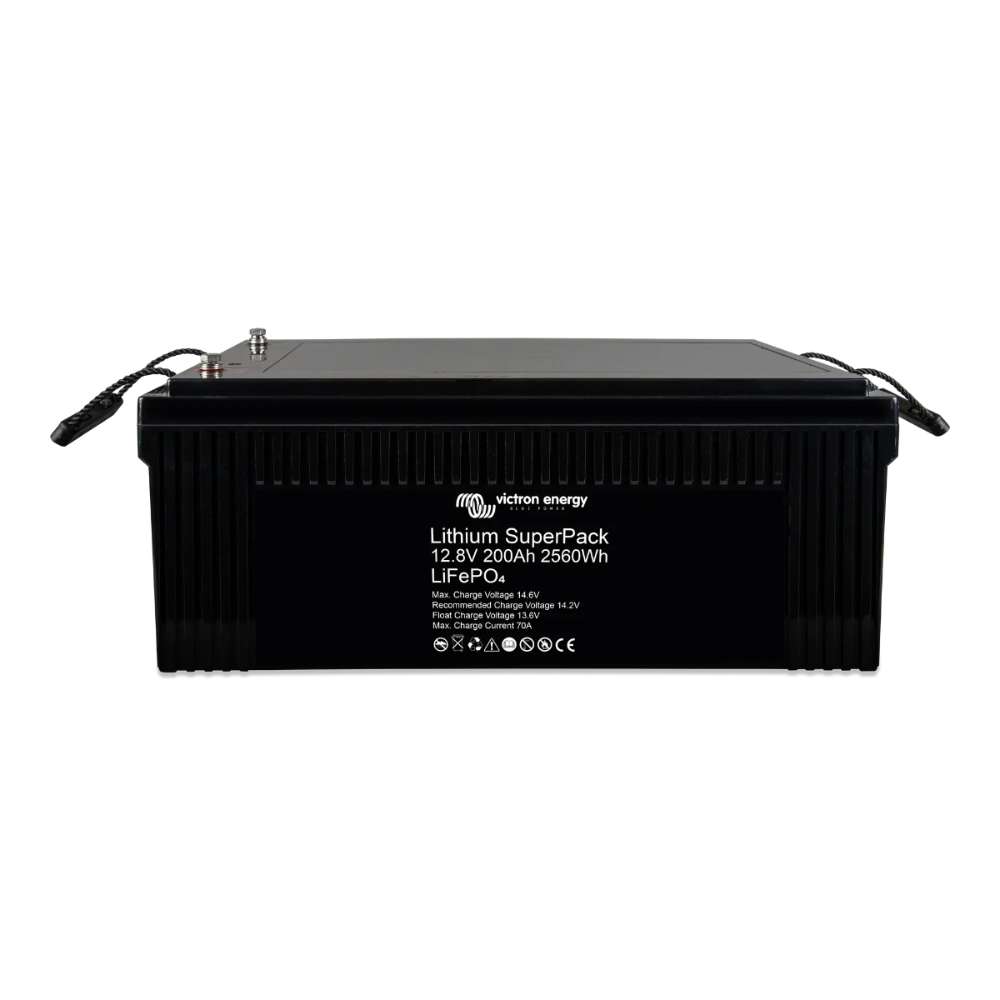 Black lithium battery pack is shown up close, labeled as the Victron Energy 12,8V 200Ah (M8) SuperPack Lithium Battery w/ Internal BMS-BAT512120705