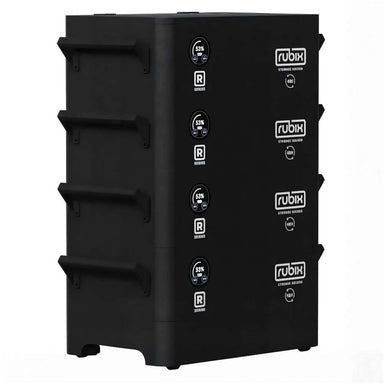 Black stacked battery tower with digital displays represents the Rubix R-Series 48 Volt 280AH Lithium Battery-RRS-51280