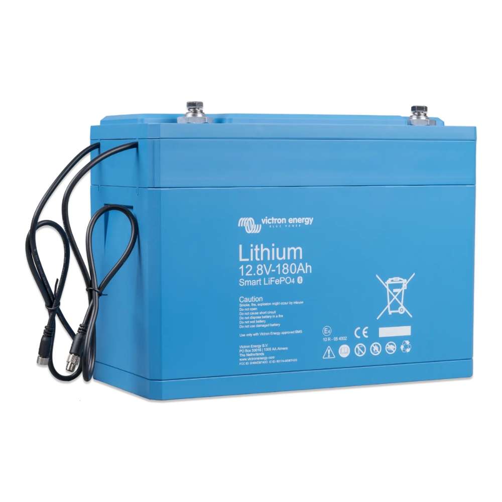 Blue battery angled slightly with cables beside it is shown, labeled Victron Energy 12.8V 180Ah Smart LiFePO4 Lithium Battery-BAT512118610