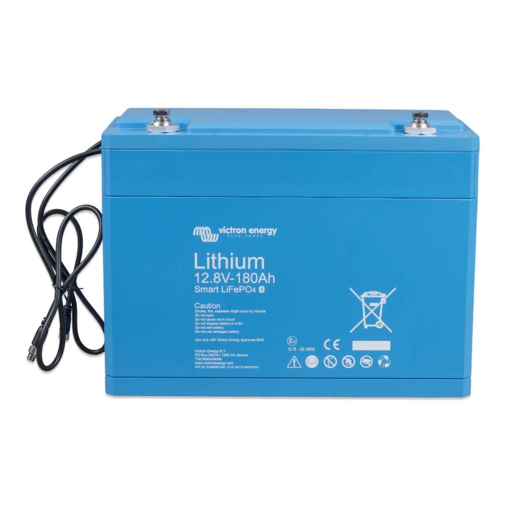 Blue battery with hanging wires on the side is shown, labeled Victron Energy 12.8V 180Ah Smart LiFePO4 Lithium Battery-BAT512118610