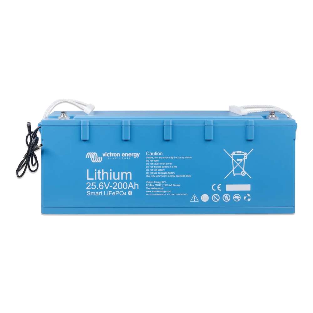 Blue lithium battery sits on a white background, labeled Victron Energy 25.6V 200Ah Smart-a LiFePO4 Lithium Battery-BAT524120610