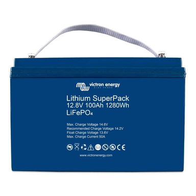 Blue lithium battery with a carrying strap is shown, labeled as the Victron Energy 12.8V 100Ah (M8) SuperPack Lithium Battery High Current w/ Internal BMS-BAT512110710