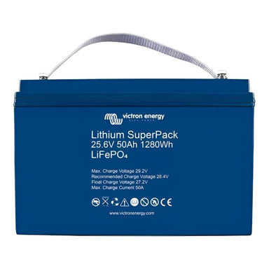 Blue lithium battery with a carrying strap is shown up close, identified as the Victron Energy 25.6V 50Ah (M8) SuperPack Lithium Battery w/ Internal BMS-BAT524050705