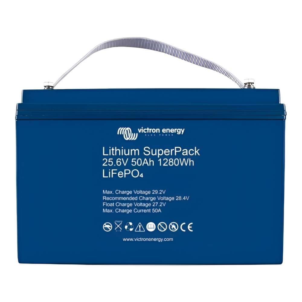 Blue lithium battery with a carrying strap is shown up close, identified as the Victron Energy 25.6V 50Ah (M8) SuperPack Lithium Battery w/ Internal BMS-BAT524050705