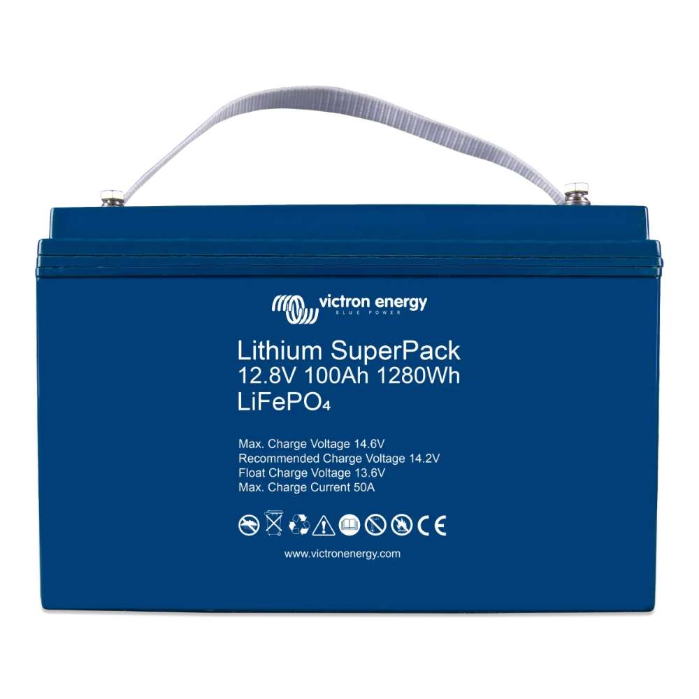 Blue lithium battery with a carrying strap is shown, labeled as the Victron Energy 12,8V 100Ah (M8) SuperPack Lithium Battery High Current w/ Internal BMS-BAT512110710