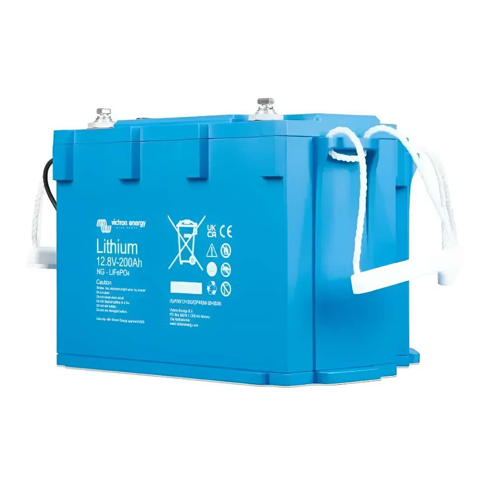 Blue lithium battery with top terminals is shown, identified as the Victron Energy 12,8V 200Ah NG Smart LiFePO4 Lithium Battery-BAT512120620