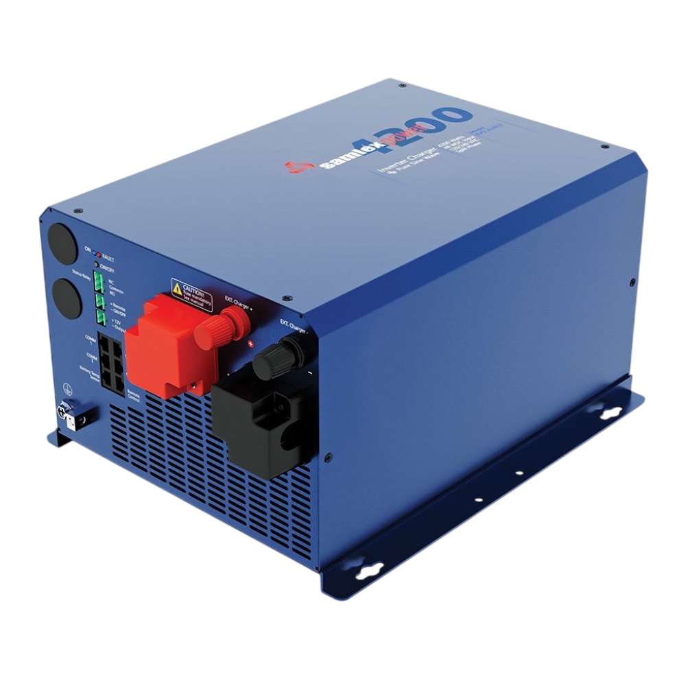 Blue metal power unit with cooling vents and large battery terminals, identified as the Samlex America Evolution Series EVO-4248SP 4200 Watts 48VDC Pure Sine Inverter/Charger