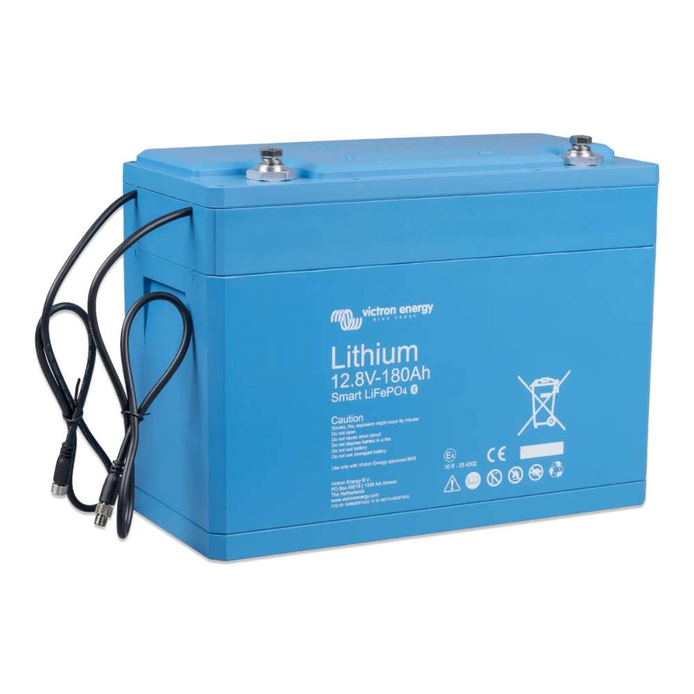 Blue rectangular battery with attached cables is shown, labeled Victron Energy 12.8V 180Ah Smart LiFePO4 Lithium Battery-BAT512118610