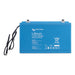 Blue rectangular battery with cables is shown against a plain background, labeled Victron Energy 12.8V 100Ah Smart LiFePO4 Lithium Battery-BAT512110610