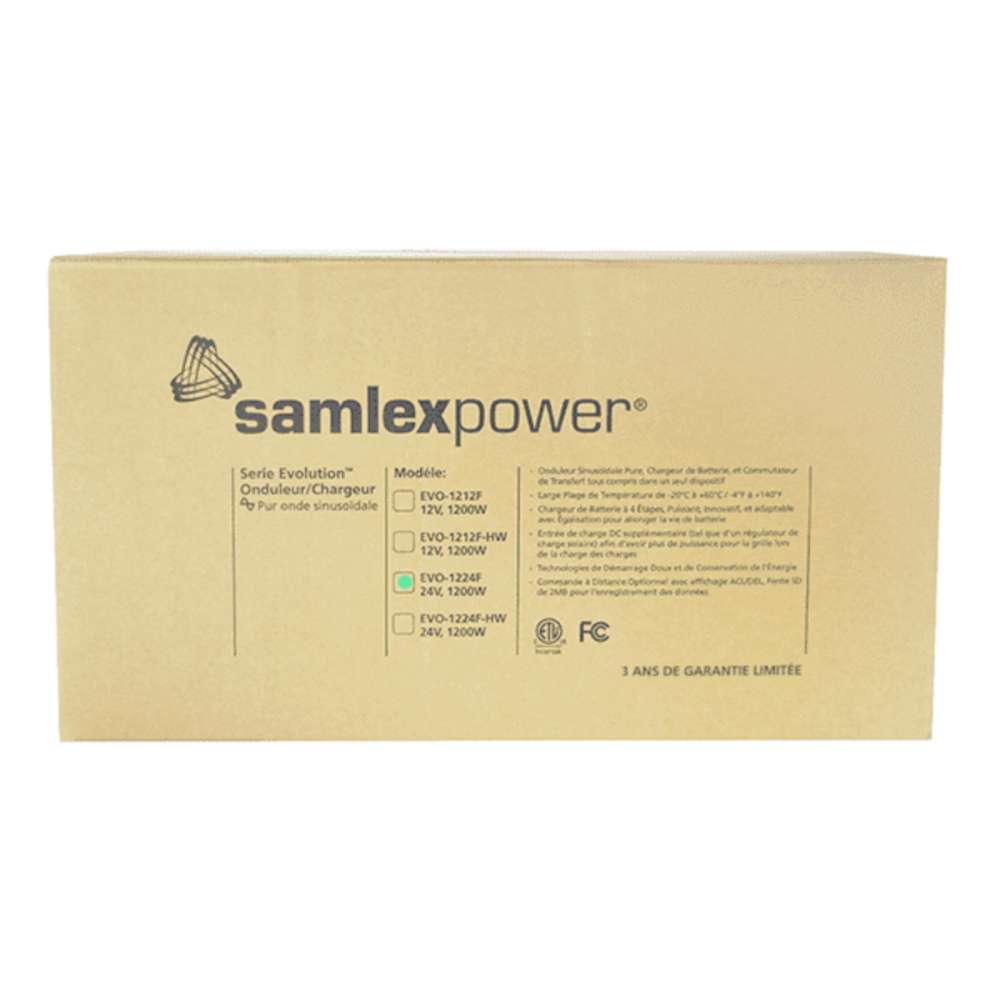 Box label for the Samlex America Evolution Series EVO-1224F 1200 Watts 24VDC Pure Sine Inverter/Charger with model, voltage, and certification information