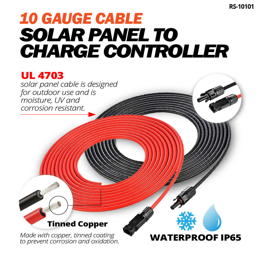 10 Gauge Extension Cable to Connect Solar Panel to Charge Controller | Pair of 10AWG Red and Black Extension Wires for Solar Panel to Charge Controller | Choose Cable Length: 10ft, 20ft, 30ft