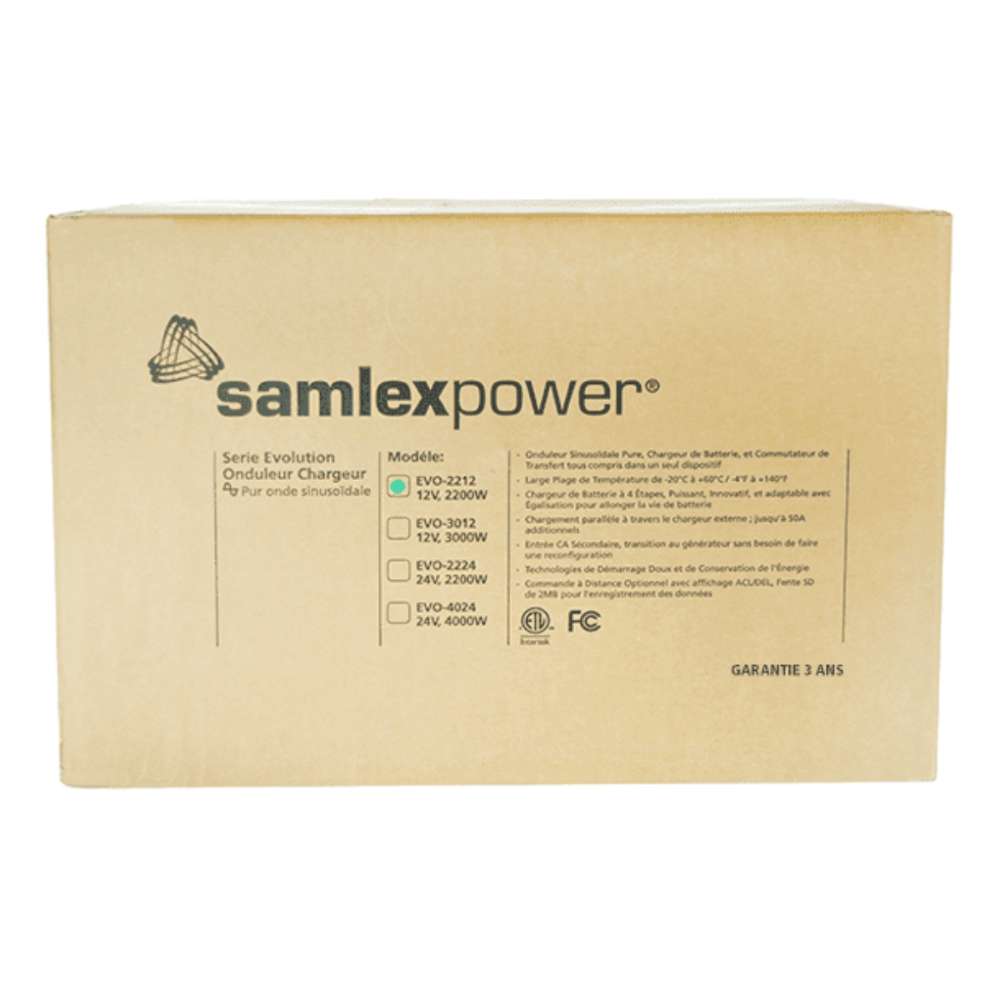 Cardboard box for the Samlex America Evolution Series EVO-2212 2200 Watts 12VDC Pure Sine Inverter/Charger with printed brand and specifications