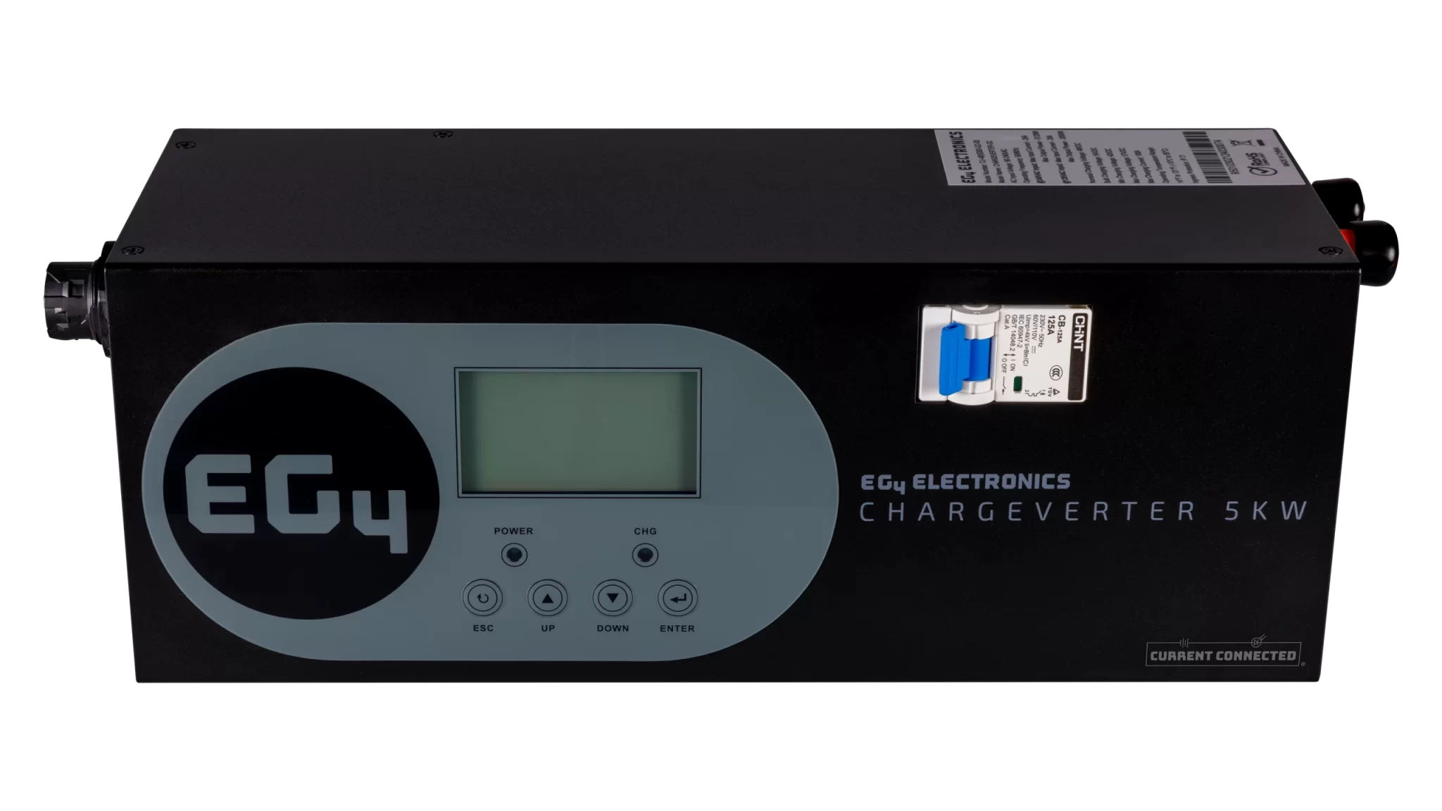 A front top view of the chargeverter displaying an information sticker 