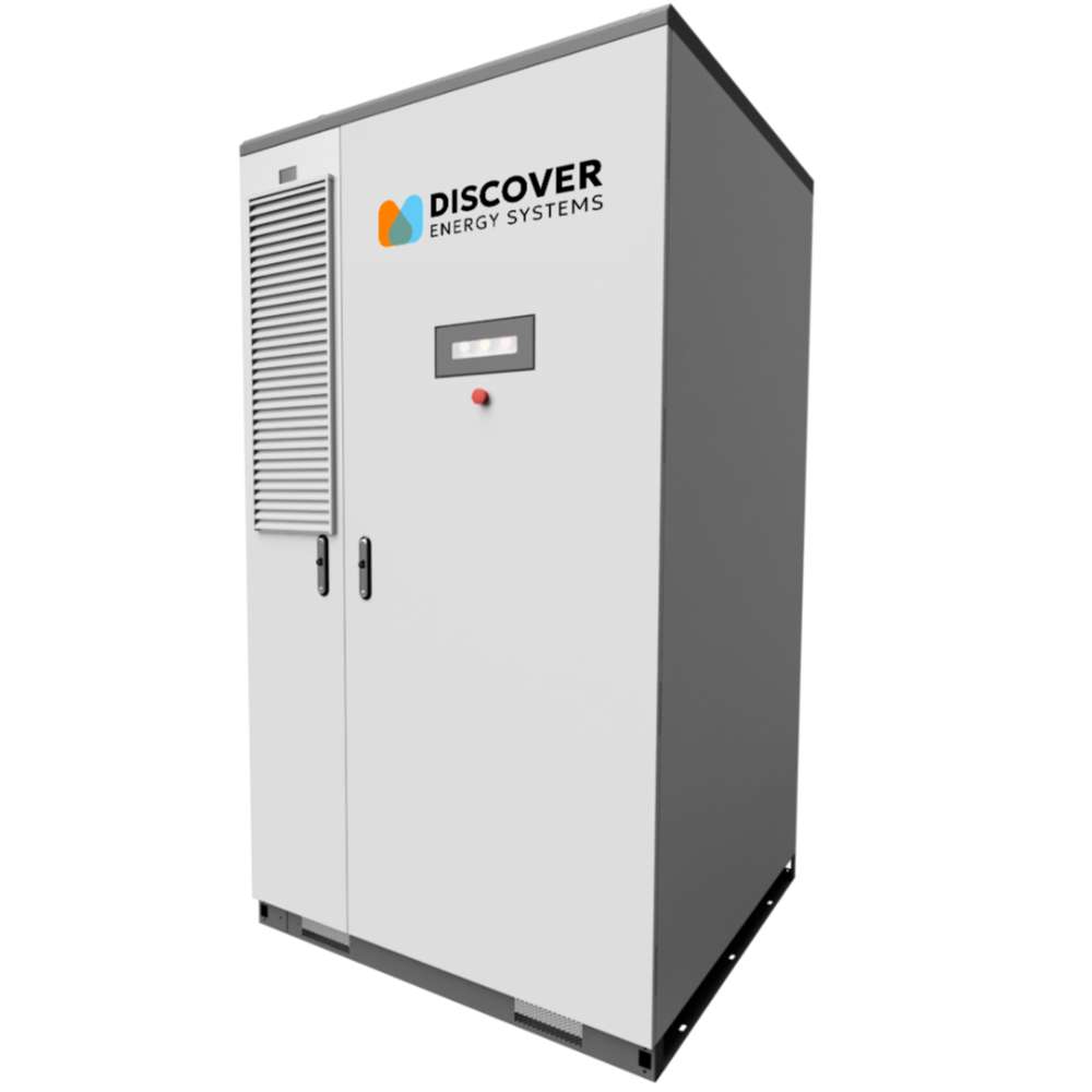 Clean product rendering displays the Discover Energy 209kWh LiFePO4 Outdoor C&I Energy Storage Cabinet-AES-210HV as a gray cabinet with a front control panel