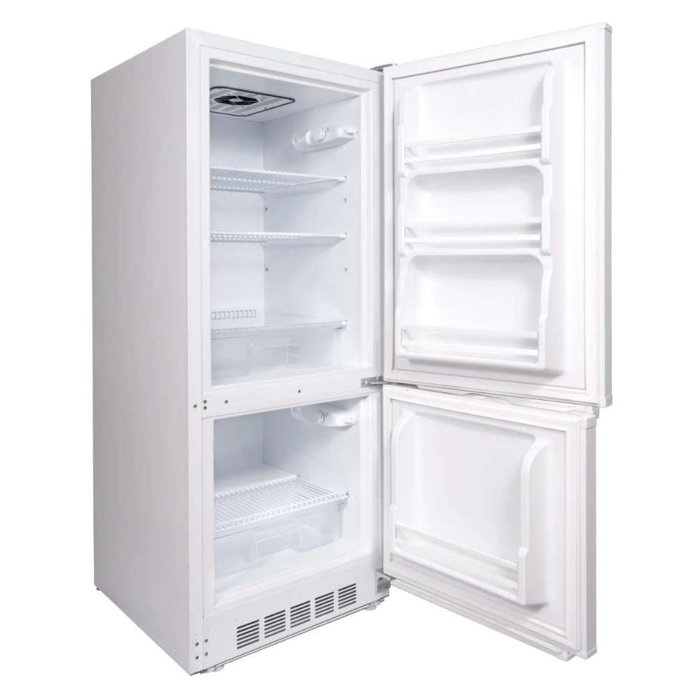 Close-up interior view of SunStar ST-10RF-W 10 cu.ft. DC/AC Refrigerator - White, focusing on the cooling fan and temperature control dial inside the refrigerator compartment