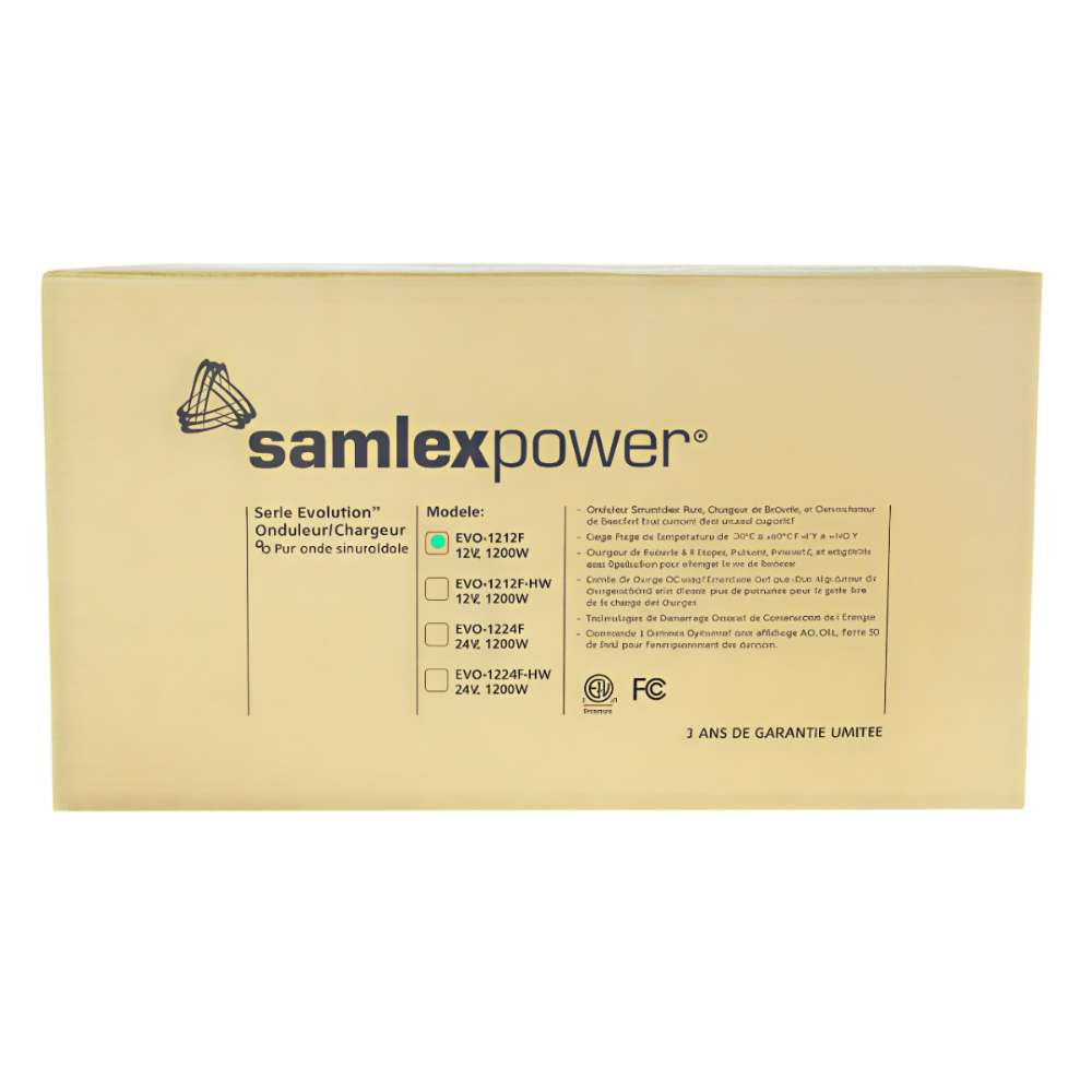 Close-up label showing model and power details on the Samlex America Evolution Series EVO-1212F 1200 Watts 12VDC Pure Sine Inverter/Charger