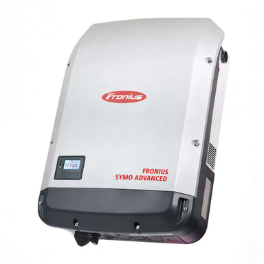Close-up of a wall-mounted silver Fronius inverter with a small digital display, representing the Fronius Symo Advanced Inverter-15.0kW-4,210,092,801
