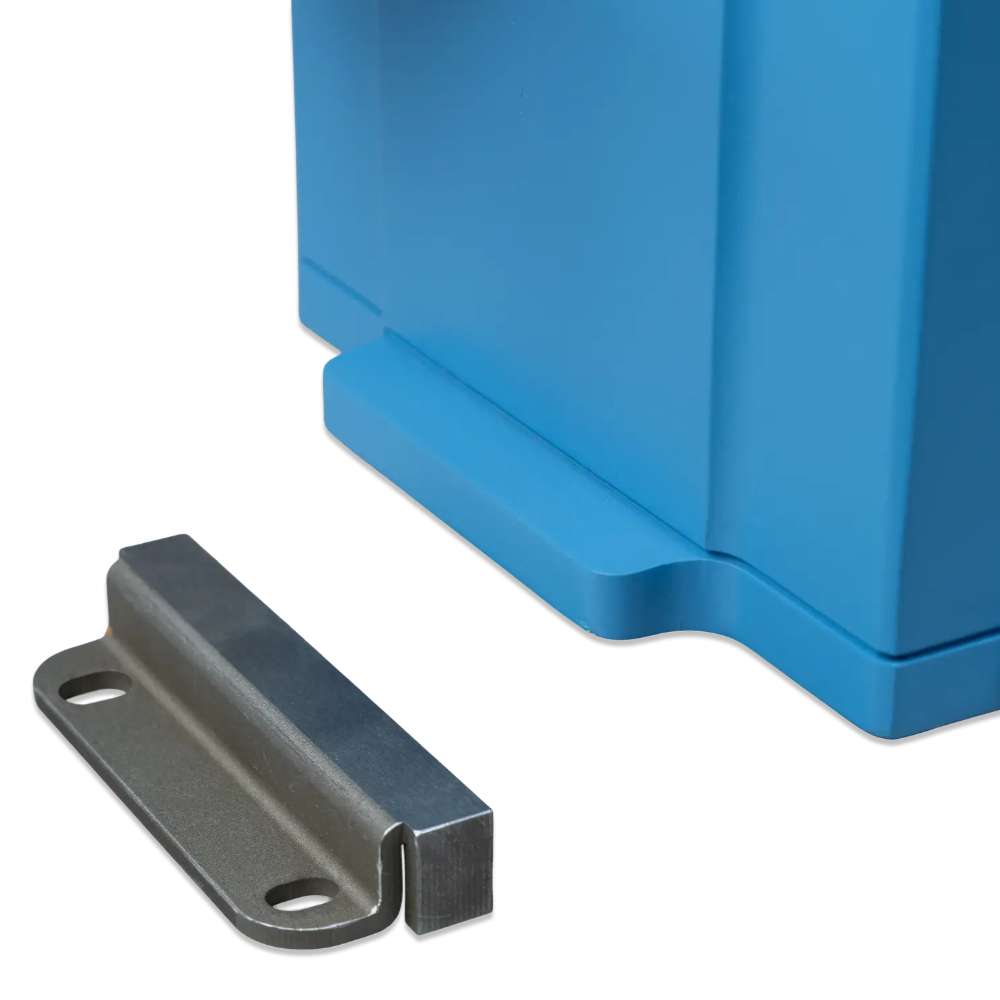 Close-up shows a blue battery base and a separate metal mounting bracket for the Victron Energy 51.2V 100Ah NG LiFePO4 Lithium Battery-BAT548110620