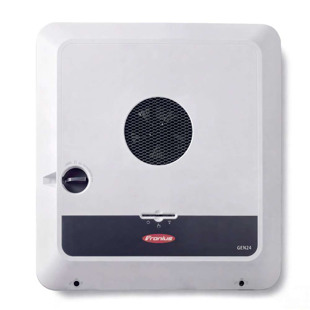 Close-up shows a white wall-mounted inverter with a round center vent, representing Fronius Primo GEN24 Plus Inverter-5.0kW-4,210,141,802