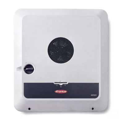 Close-up shows a white wall-mounted inverter with a round center vent, representing Fronius Primo GEN24 Plus Inverter-5.0kW-4,210,141,802